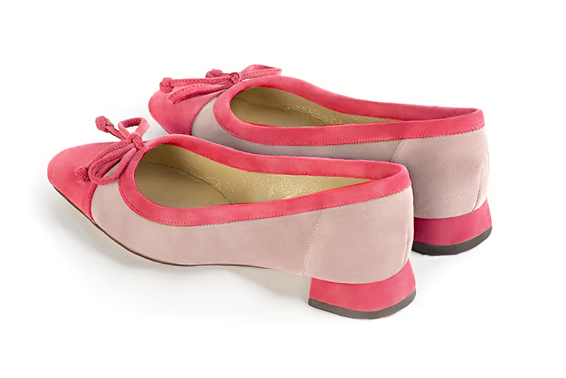 Carnation pink women's ballet pumps, with low heels. Square toe. Flat flare heels. Rear view - Florence KOOIJMAN
